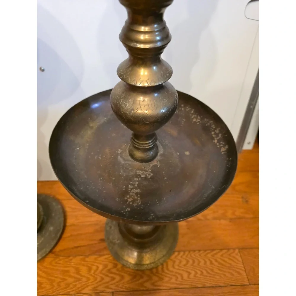 Moroccan Etched Brass Pillar Floor Altar Candlesticks Candle Holders Set Vintage